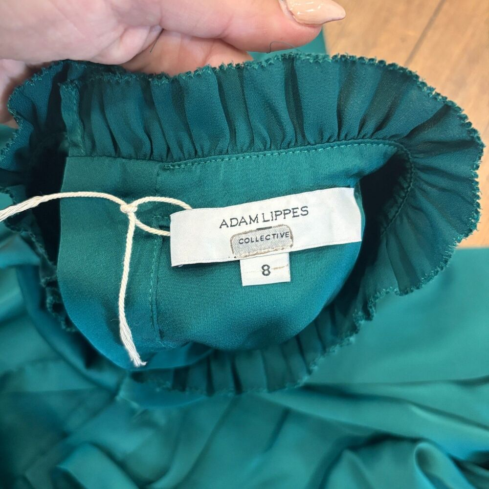 Adam Lippes Collective Green Mock Neck Satin Dress Women's Size 8 Button Luxury - Picture 5 of 9